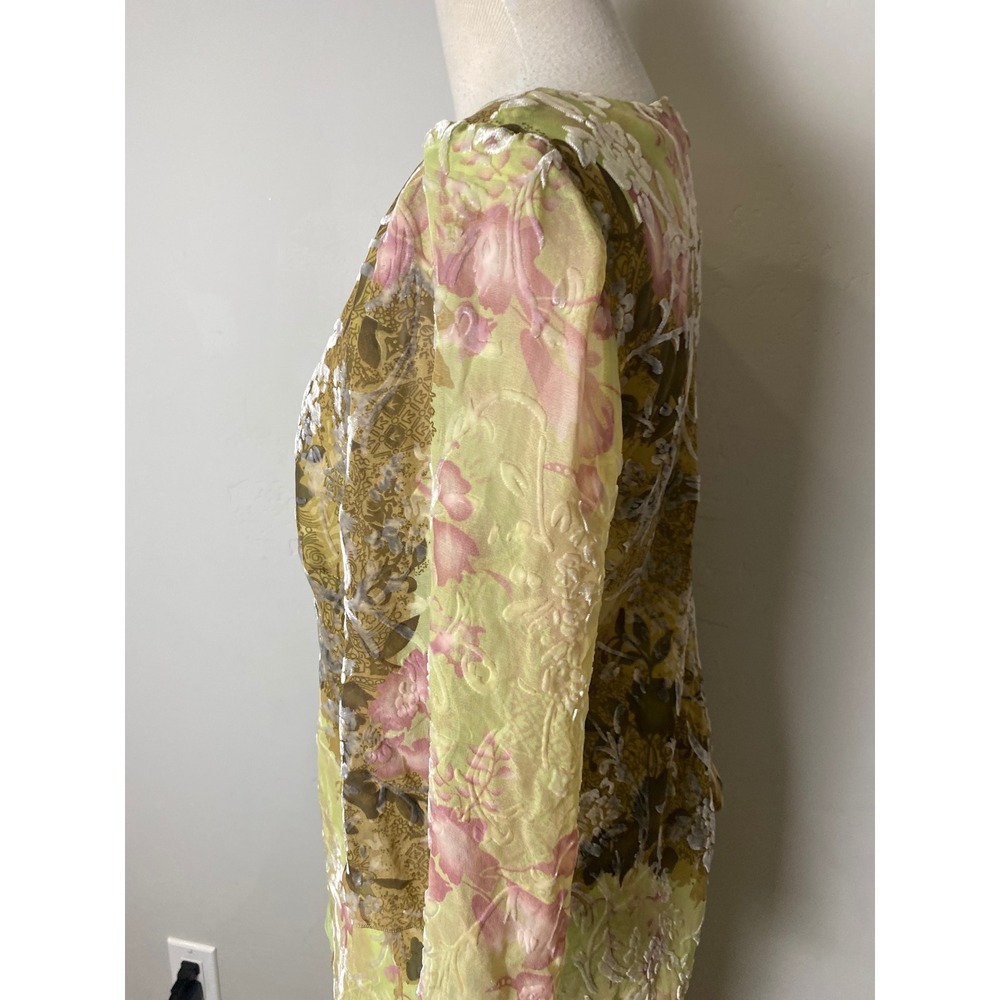 Vintage 90s Silk Burnout Velvet Floral Maxi Dress Chartreuse Green Pink 2-Piece - Picture 5 of 8
